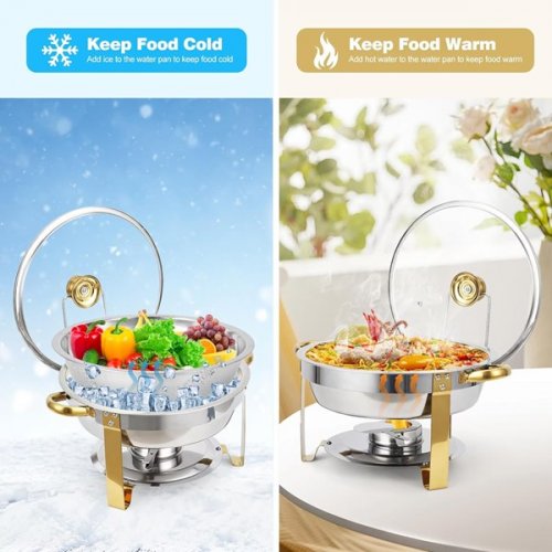 4PK ROUND CHAFING DISH SET WITH WATER AND FOOD PANS FOR HOT/COLD BUFFETS - SILVER/GOLD image 5