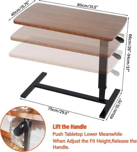 ROLLING OVERBED ADJUSTABLE TABLE WITH WHEELS - 32" X 16" X 26"-37" - WALNUT image 2