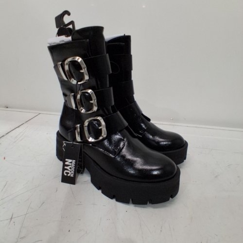 WOMEN'S MADDEN NYC FAUX LEATHER BUCKLE COMBAT BOOTS - 8 - BLACK image 2