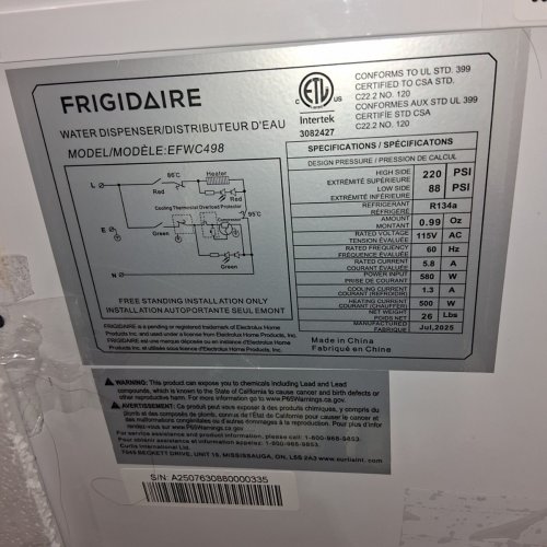 FRIGIDAIRE TOP LOADING HOT & COLD WATER DISPENSER WITH CHILD SAFETY LOCK - HOLDS 3-5 GALLON BOTTLE - WHITE (MODEL: EFWC498) image 4