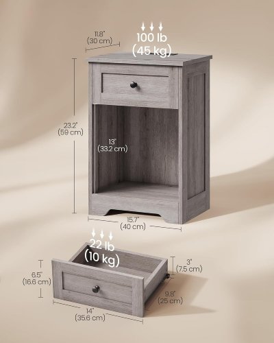 2PK VASAGLE TRADITIONAL BASIC NIGHTSTAND WITH CHARGING STATION - 15.7" X 11.8" X 23.2" - WASHED GRAY (MODEL: LET828FD03) image 2