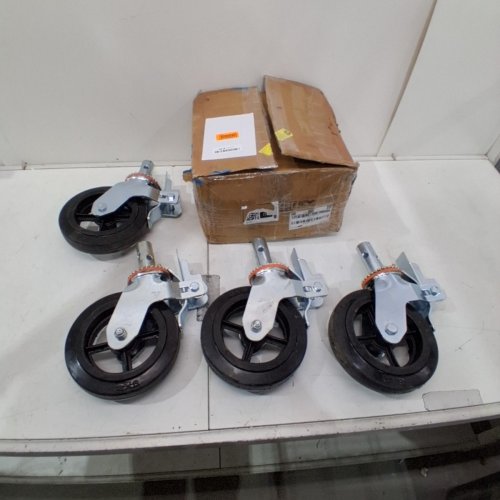 4PK IRON CORE ROUND STEM POLYURETHANE SWIVEL CASTER WHEELS WITH DUAL LOCKING BRAKE - 8" X 2" - 1100LBS CAP PER WHEEL - BLACK/SILVER image 2