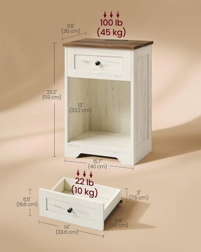 2PK VASAGLE TRADITIONAL BASIC 1-DRAWER NIGHTSTAND WITH CHARGING STATION - 15.7" X 11.8" X 23.2" - CLOUD WHITE/WARM BROWN (MODEL: LET848WJ03) image 2