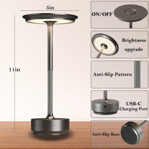 2PK SJIE CORDLESS RECHARGABLE TOUCH CONTROL TABLE LAMPS WITH MEMORY FUNCTION - 11" - 3.5W, 5200 MAH, 140 LM - GREY image 2