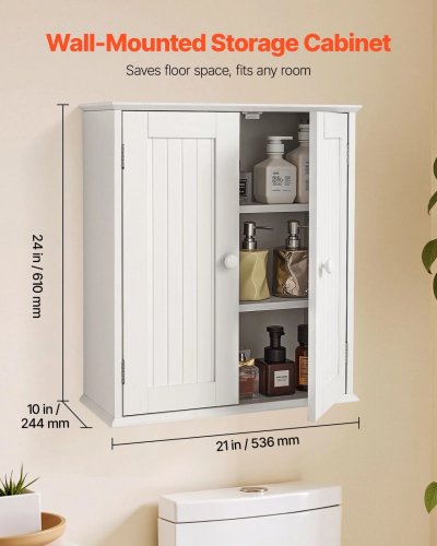 VEVOR 2 DOOR AND ADJUSTABLE SHELF BATHROOM WALL CABINET/MEDICINE CABINET - 21"X24" - WHITE image 2