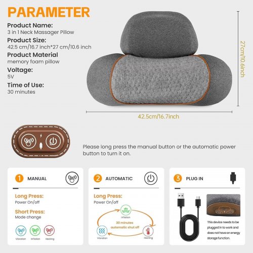 ZTTD 3-IN-1 NECK MASSAGER PILLOW WITH HEAT & GENTLE TRACTION - WIRELESS DESIGN & USB-C CHARGING - GREY image 2