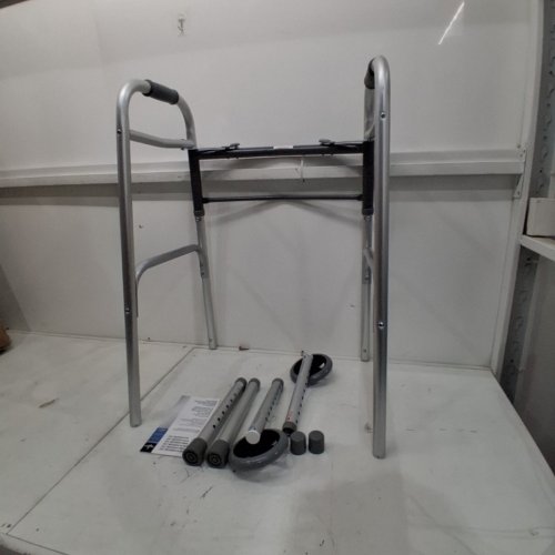 MEDLINE 2 BUTTON FOLDING PORTABLE WALKER WITH 5'' WHEELS & ADJUSTABLE HEIGHT - 300LBS CAPACITY - SILVER (MODEL: MDS86410W54H) image 2