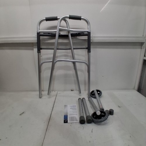 MEDLINE 2 BUTTON FOLDING PORTABLE WALKER WITH 5'' WHEELS & ADJUSTABLE HEIGHT - 300LBS CAPACITY - SILVER (MODEL: MDS86410W54H) image 3