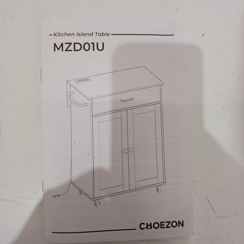 CHOEZON KITCHEN ISLAND CART WITH CABINET STORAGE / OUTLET PLUGS AND WHEELS - 35" X 26" X 23" - NATURAL / WHITE (MODEL: MZD01UBFN1) image 4