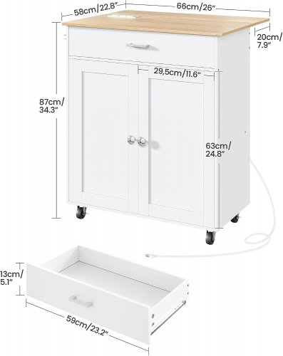 CHOEZON KITCHEN ISLAND CART WITH CABINET STORAGE / OUTLET PLUGS AND WHEELS - 35" X 26" X 23" - NATURAL / WHITE (MODEL: MZD01UBFN1) image 2