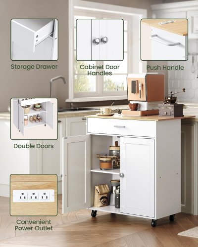 CHOEZON KITCHEN ISLAND CART WITH CABINET STORAGE / OUTLET PLUGS AND WHEELS - 35" X 26" X 23" - NATURAL / WHITE (MODEL: MZD01UBFN1) image 3