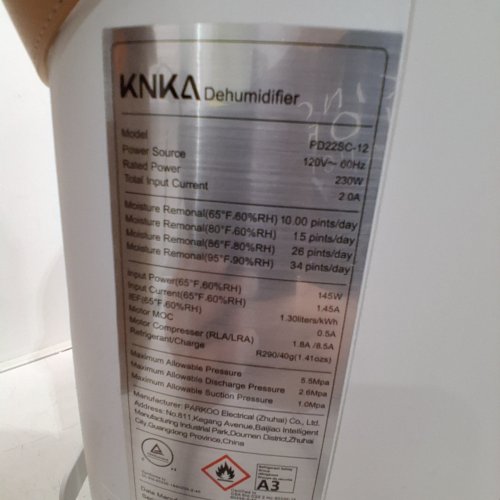 KNKA DEHUMIDIFIER WITH DRAIN HOSE - 2500SQFT - 230W - 120V - WHITE (MODEL: PD22SC-12) image 5
