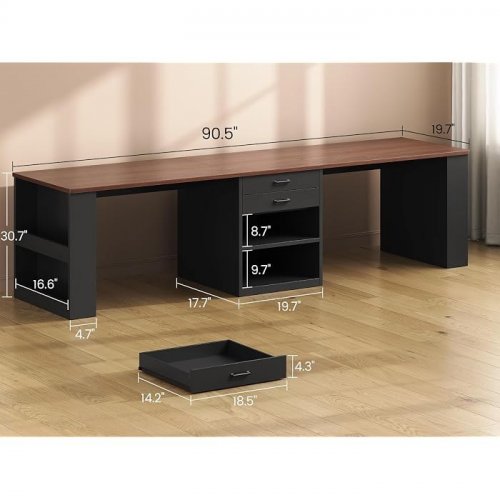 SEDETA MODERN 2-PERSON GAMING OFFICE DESK WITH SHELVES AND DRAWERS - 90.5" - BLACK/BROWN (MODEL: AJ-DJ505583_3) image 2