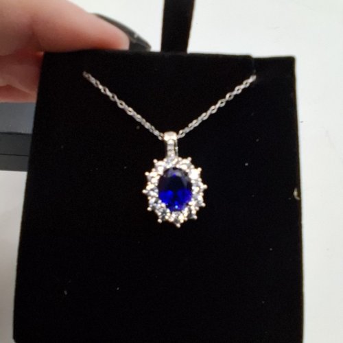 WOMENS BLUE STONE HALO PENDANT NECKLACE WITH ADJUSTABLE CHAIN -18- 20" - BLUE AND SILVER-TONE/ S925 STERLING SILVER image 3