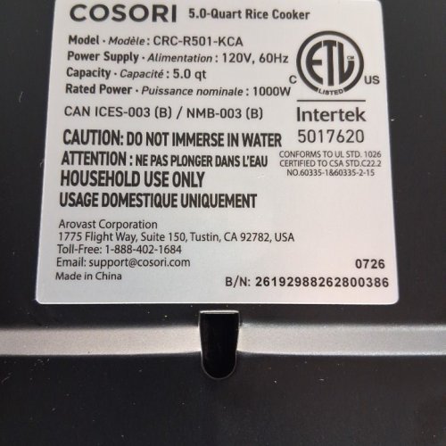 COSORI MICOM RICE COOKER - 5QT - BLACK - (MODEL: ‎CRC-R501-KCA) image 5