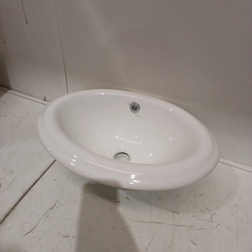 KARAMAG BATHROOM VESSEL CERAMIC SINK, SEMI RECESSED WITH OVAL DROP-IN AND OVERFLOW - 16" X 12"- WHITE (MODEL: 2016) image 2
