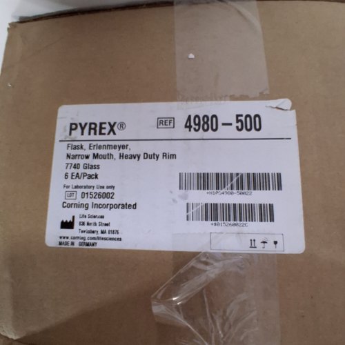 6PK PYREX NARROW MOUTH HEAVY DUTY RIM ERLENMEYER FLASK - CLEAR (MODEL: 4980-500) image 2