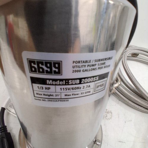 7PC 6699 TANKLESS WATER HEATER FLUSHING KIT - 1/3 H/P, 115V, 2.7 AMP, 33 GPM - SILVER (MODEL: SUB 2000SS) image 3