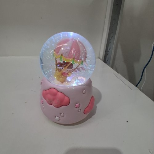 GIRL'S GLASS CARTOON HOT AIR BALLON AND RABBIT SNOW GLOBE WITH LED LIGHTS - PINK/WHITE image 2