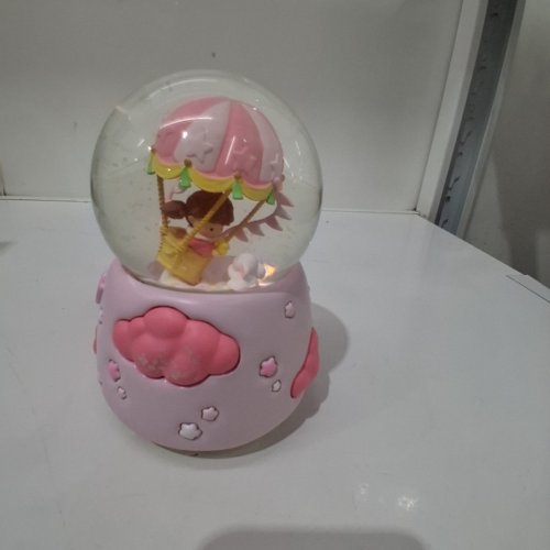 GIRL'S GLASS CARTOON HOT AIR BALLON AND RABBIT SNOW GLOBE WITH LED LIGHTS - PINK/WHITE image 3