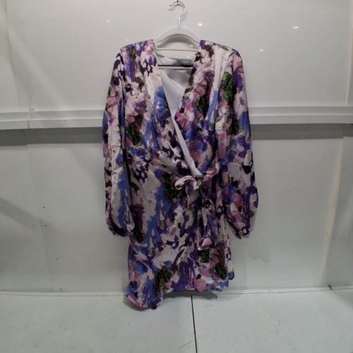 WOMENS FLORAL CHIFFON LONG SLEEVE MINI FLOWY DRESS - MEDIUM - PURPLE image 2