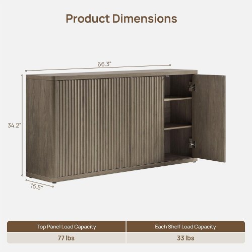 SICOTAS WOODEN FLUTEDBUFFET CABINET WITH 4 DOORS - 66" -GREY ALDER image 2
