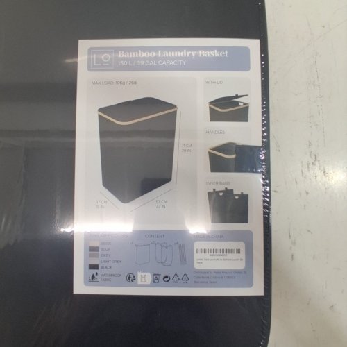 LONBET DOUBLE LAUNDRY HAMPER WITH LID & REMOVABLE BAGS - 150L CAPACITY - 28"X22"X15" - BLACK/BAMBOO image 2