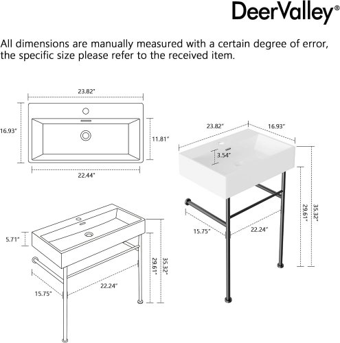 DEERVALLEY WALL-MOUNT RECTANGULAR TRADITIONAL CERAMIC CONSOLE BATHROOM SINK WITH BASE - 24" X 17" X 35" - WHITE / MATTE BLACK (MODEL: DV-1CS0117B) image 2