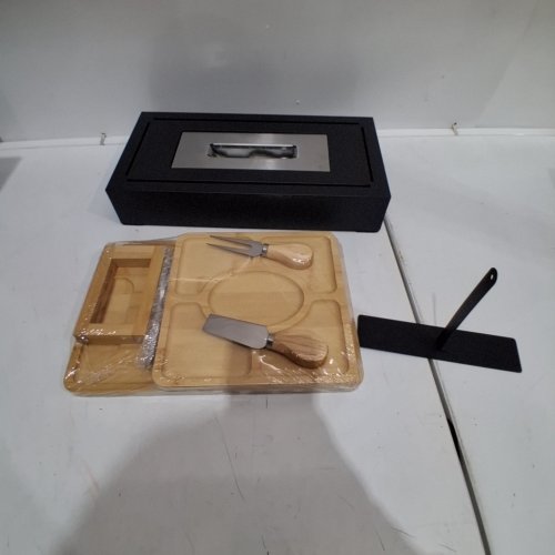 11PC TABLE TOP FIRE PIT AND CHEESE BOARD WITH ACCESORIES - BLACK/ WOOD BEIGE image 2