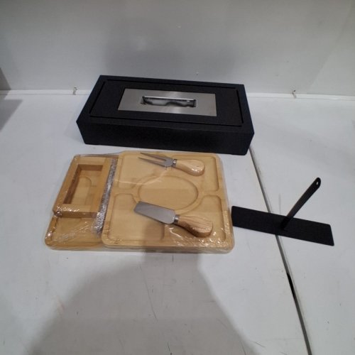 11PC TABLE TOP FIRE PIT AND CHEESE BOARD WITH ACCESORIES - BLACK/ WOOD BEIGE image 3