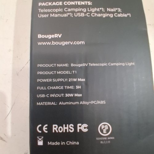 BOUGERV TELESCOPIC CAMPING LIGHT - 66.1"HV- 3000 LM - BLACK (MODEL: T1) image 3