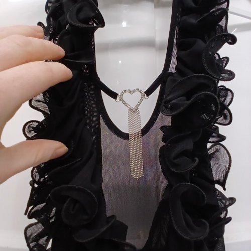 women's SHEER RUFFLED PLUNGE NECK DRESS WITH HEART DETAIL - OSFM - BLACK image 3