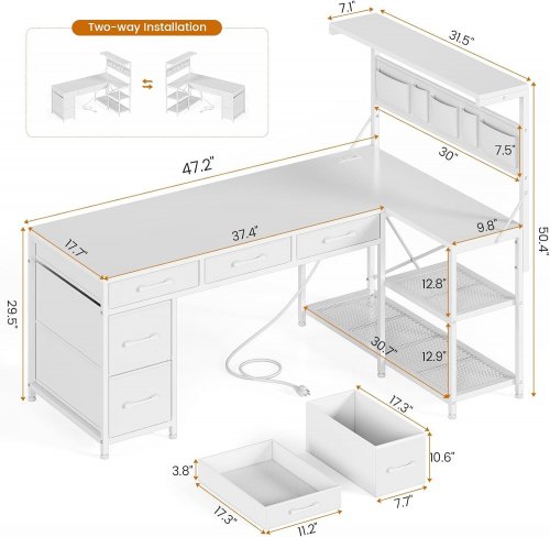 SEDETA REVERSIBLE L-SHAPED CORNER COMPUTER DESK WITH LED AND HEMP FABRIC DRAWERS - 47" X 18" X 29" - WHITE - (MODEL: AJ-DJ504085_3) image 2