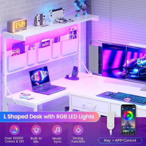 SEDETA REVERSIBLE L-SHAPED CORNER COMPUTER DESK WITH LED AND HEMP FABRIC DRAWERS - 47" X 18" X 29" - WHITE - (MODEL: AJ-DJ504085_3) image 3