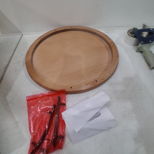 FARMHOUSE WOOD ROUND OTTOMAN SERVING TRAY WITH HANDLES - 18" X 18" - WHITEWASHED image 2