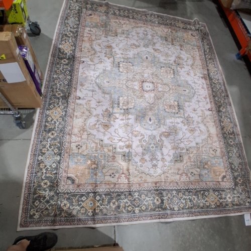 VINTAGE WASHABLE NON-SLIP MEDALLION AREA RUG - 10FT X 8FT - BLUE/GRAY/BEIGE image 2