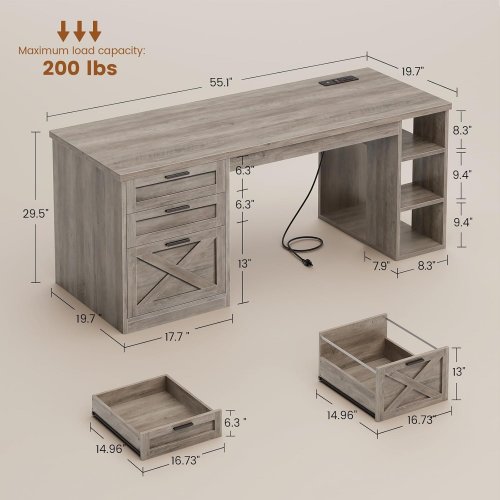SEDETA FARMHOUSE WOODEN OFFICE DESK WITH STORAGE DRAWERS/SHELVES AND CHARGING STATION - 55" X 20" X 29" - GREY - (MODEL: DJVN000057_3) image 2