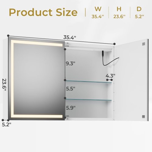 HASUIT WALL MOUNTED LIGHTED MEDICINE CABINET WITH MIRROR - 25.4" X 23.6" - WHITE (MODEL: AJ-DJ505681) image 2