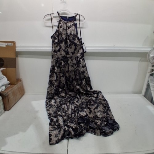 WOMEN'S BETSY & ADAM HALTER METALLIC PRINT WRAP OVERLAY GOWN - 14 - NAVY/GUNMETAL (STYLE:A24360) image 2