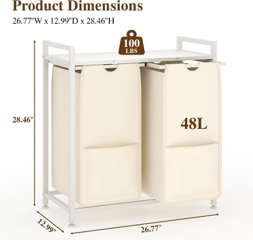 GARVEE LAUNDRY HAMPER SORTER WITH SHELF AND REMOVABLE BAGS - 48L/EACH - WHITE/BEIGE (MODEL: PHK_38CFLT50Q) image 2