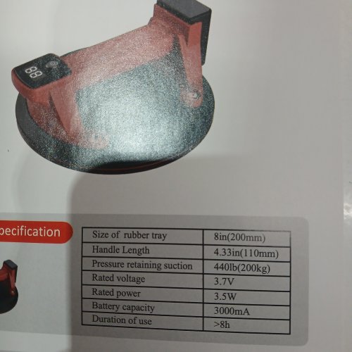 ELECTRIC MULTI PURPOSE VACUUM SUCTION CUP LIFTER WITH DIGITAL DISPLAY - 8"; 3.7 V; 3.5W - 518LB MAX - RED AND BLACK image 3