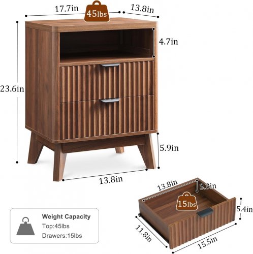 2PK LYNCOHOME FLUTED WOODEN BEDSIDE NIGHTSTAND WITH DRAWERS - 23.6" X 17.7" X 13.8" - WALNUT BROWN (STYLE: LHNS88) image 2