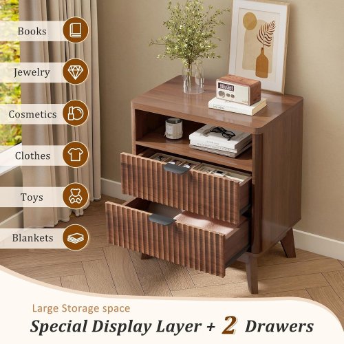 2PK LYNCOHOME FLUTED WOODEN BEDSIDE NIGHTSTAND WITH DRAWERS - 23.6" X 17.7" X 13.8" - WALNUT BROWN (STYLE: LHNS88) image 3