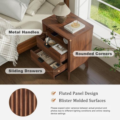 2PK LYNCOHOME FLUTED WOODEN BEDSIDE NIGHTSTAND WITH DRAWERS - 23.6" X 17.7" X 13.8" - WALNUT BROWN (STYLE: LHNS88) image 4