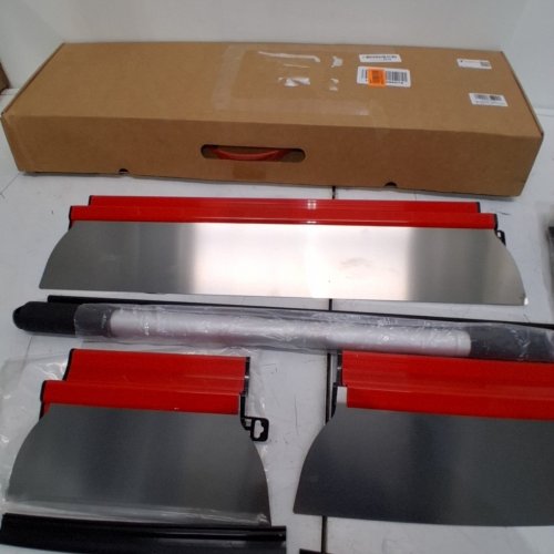 5PC DEKEONES STAINLESS STEEL DRYWALL SKIMMING BLADE SET WITH EXTENSION HANDLE - 10"/14"/24" - 28"-62" - RED/BLACK image 7