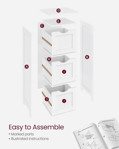 VASAGLE WOODEN 3 DRAWER CABINET - 32" X 13" X 12" - MATTE WHITE (MODEL: BBC50WT) image 2