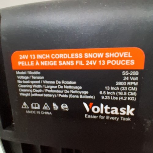 VOLTASK CORDLESS ELECTRIC SNOW SHOVEL WITH BATTERY & CHARGER - 13" - 24V - BLACK/ORANGE (MODEL: CSS001-130OR-CAVK/SS-20B) image 5