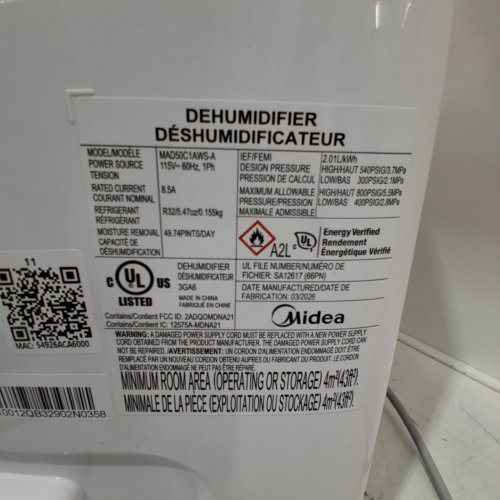 MIDEA ENERGY STAR CERTIFIED DEHUMIDIFIER WITH REUSABLE AIR FILTER AND APP CONTROL - 4500 SQ.FT - 23.6L - WHITE (MODEL: MAD50C1AWS-A) image 5