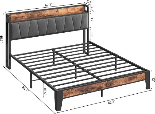 LIKIMIO METAL BED FRAME WITH STORAGE HEADBOARD & CHARGING STATION - QUEEN - VINTAGE BROWN/GREY - (MODEL: HK-QBF-008) image 2