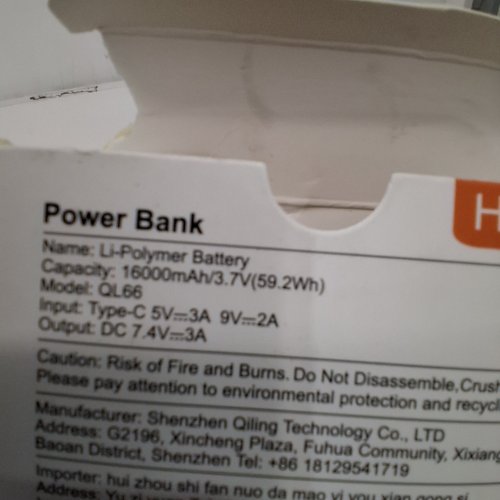 HECUSMA POWER BANK FOR HEATED VESTS AND MOBILE DEVICES - 16000MAH - 7.4V - BLACK (MODEL: QL66) image 3